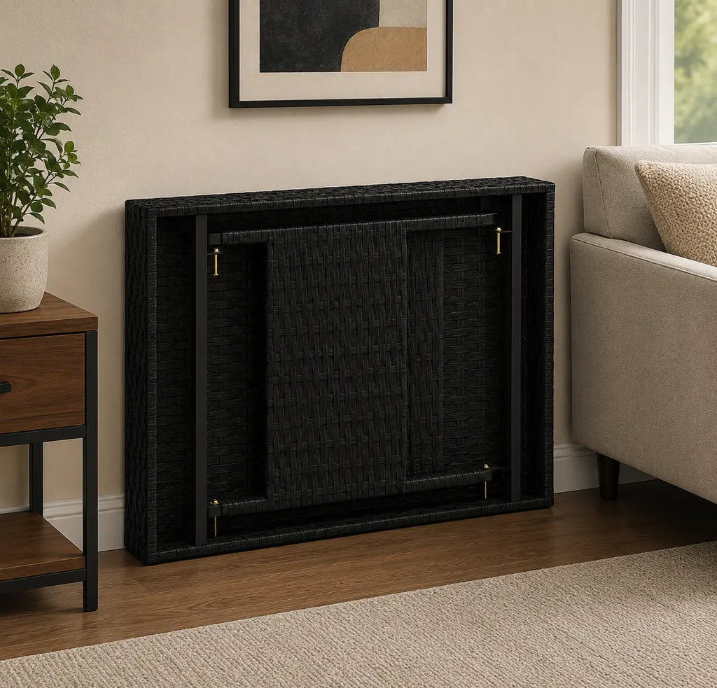 Table pliante murale noire effet tressé avec structure compacte, design gain de place pour intérieur ou extérieur