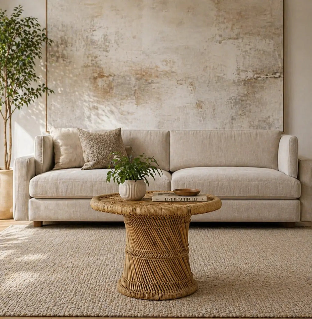 Table basse Japandi octogonale en bambou Bonda en situation, design naturel artisanal pour salon chaleureux et épuré