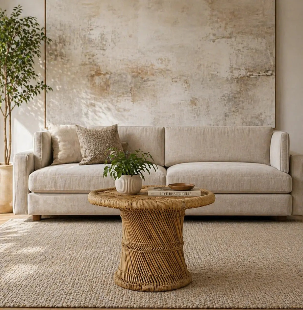 Table basse Japandi octogonale en bambou Bonda en situation, design naturel artisanal pour salon chaleureux et épuré