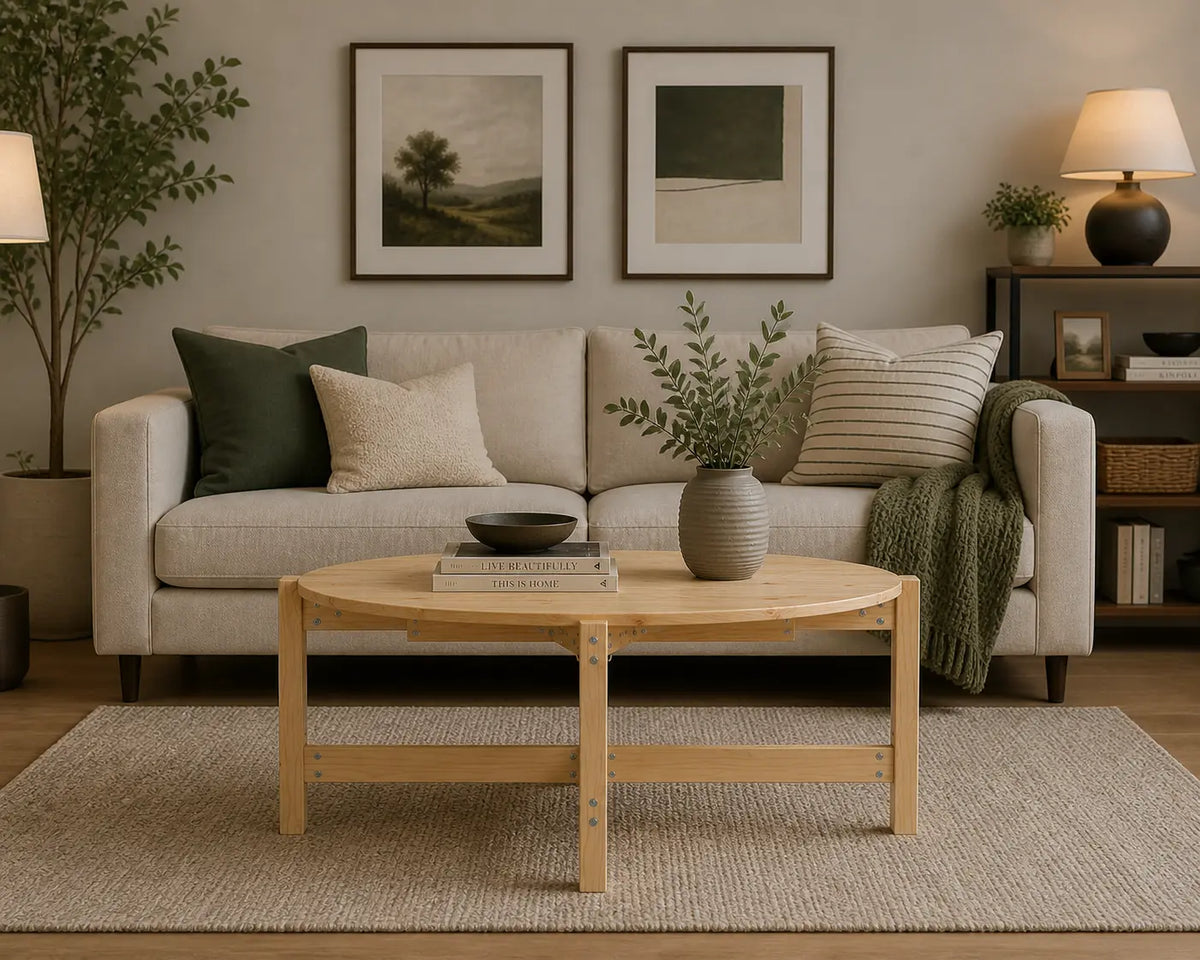 Table basse ovale en bois clair dans un salon chaleureux au style scandinave contemporain