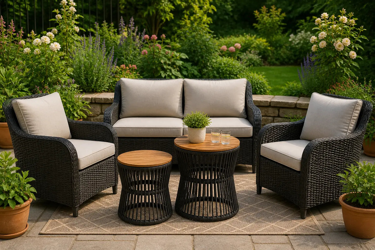 Tables basses rondes de jardin Structa en rotin noir avec plateau bois dans un salon extérieur élégant