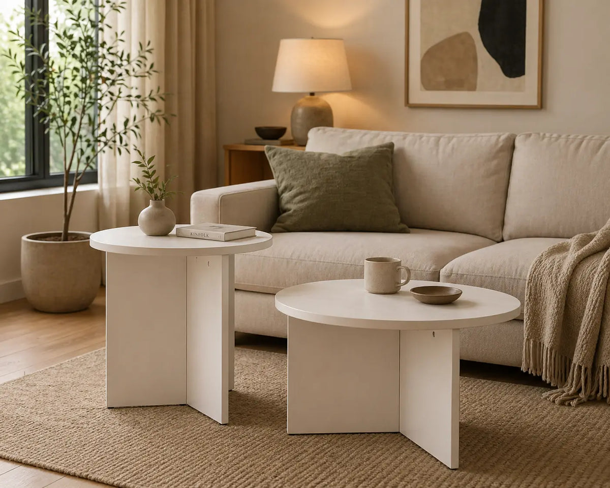 Lot de 2 tables d’appoint blanches rondes, design minimaliste moderne pour salon, chambre ou petits espaces