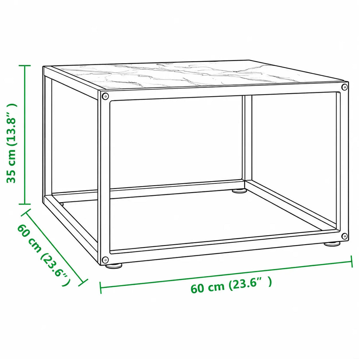 Dimensions table basse carrée Obsidia 60 cm avec plateau effet marbre noir et structure métal