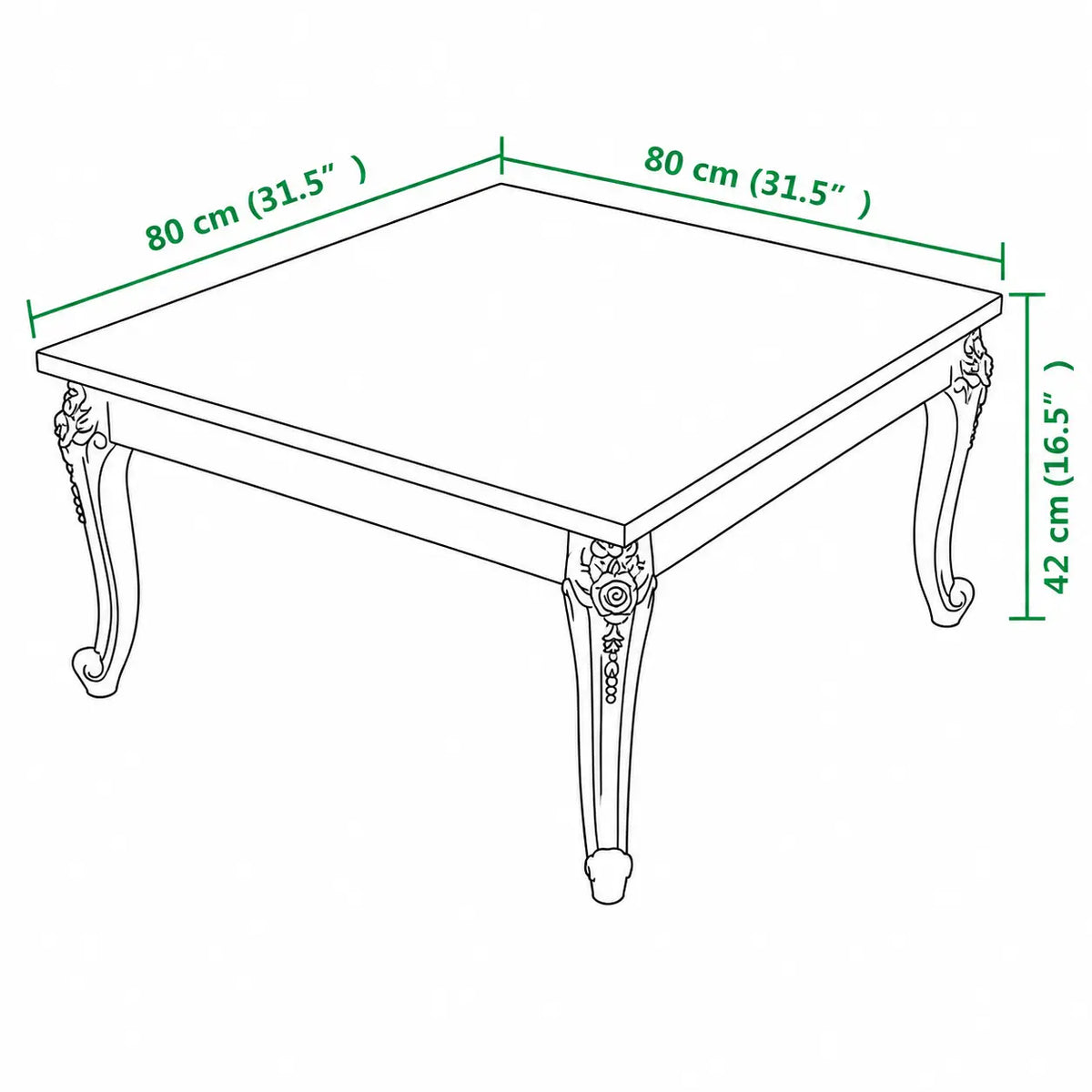 Schéma des dimensions d’une table basse carrée blanche de 80 x 80 x 42 cm avec pieds sculptés de style classique