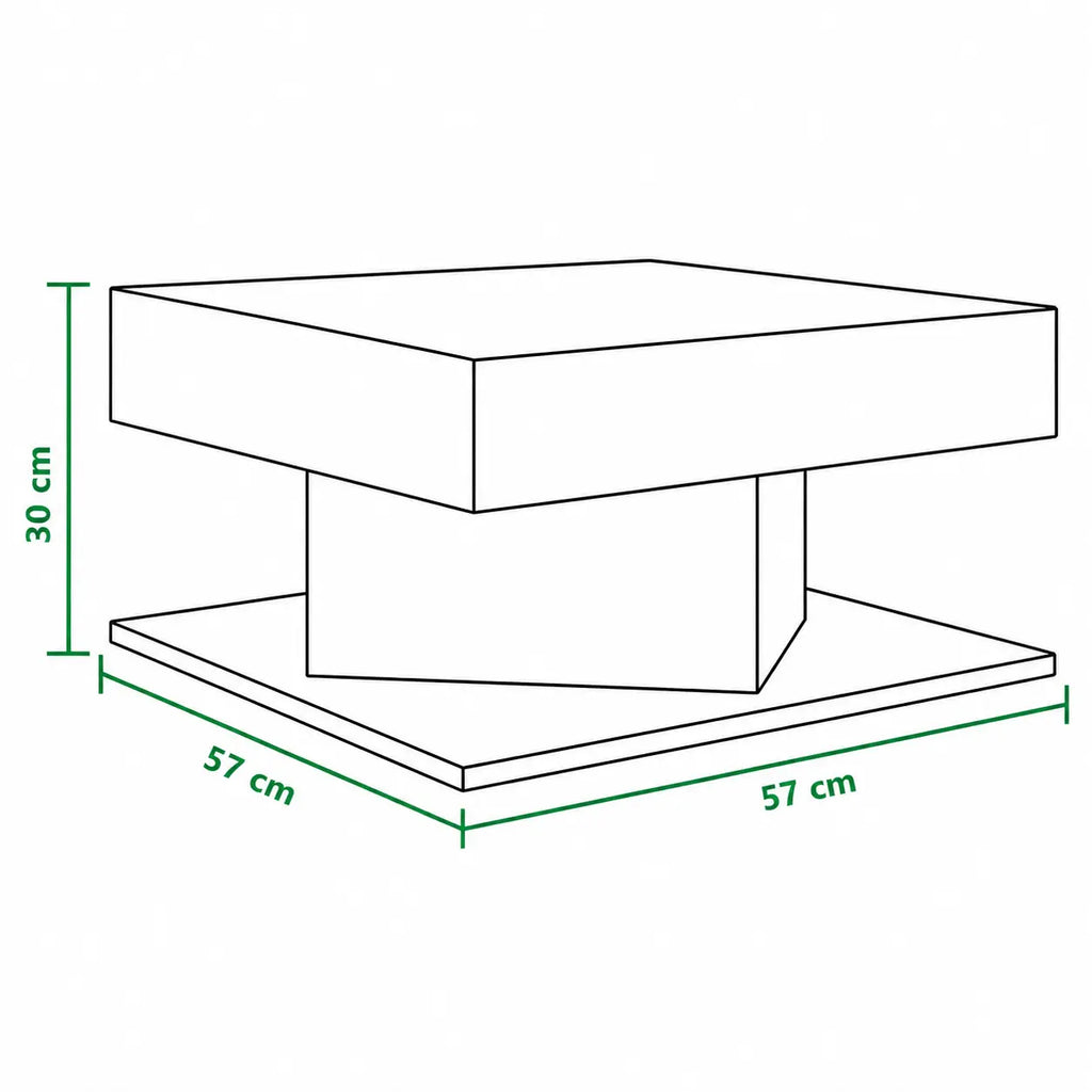 Schéma dimensions table basse carrée blanche 57 cm avec base centrale et design moderne