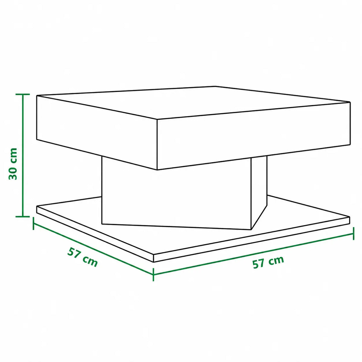 Schéma dimensions table basse carrée blanche 57 cm avec base centrale et design moderne
