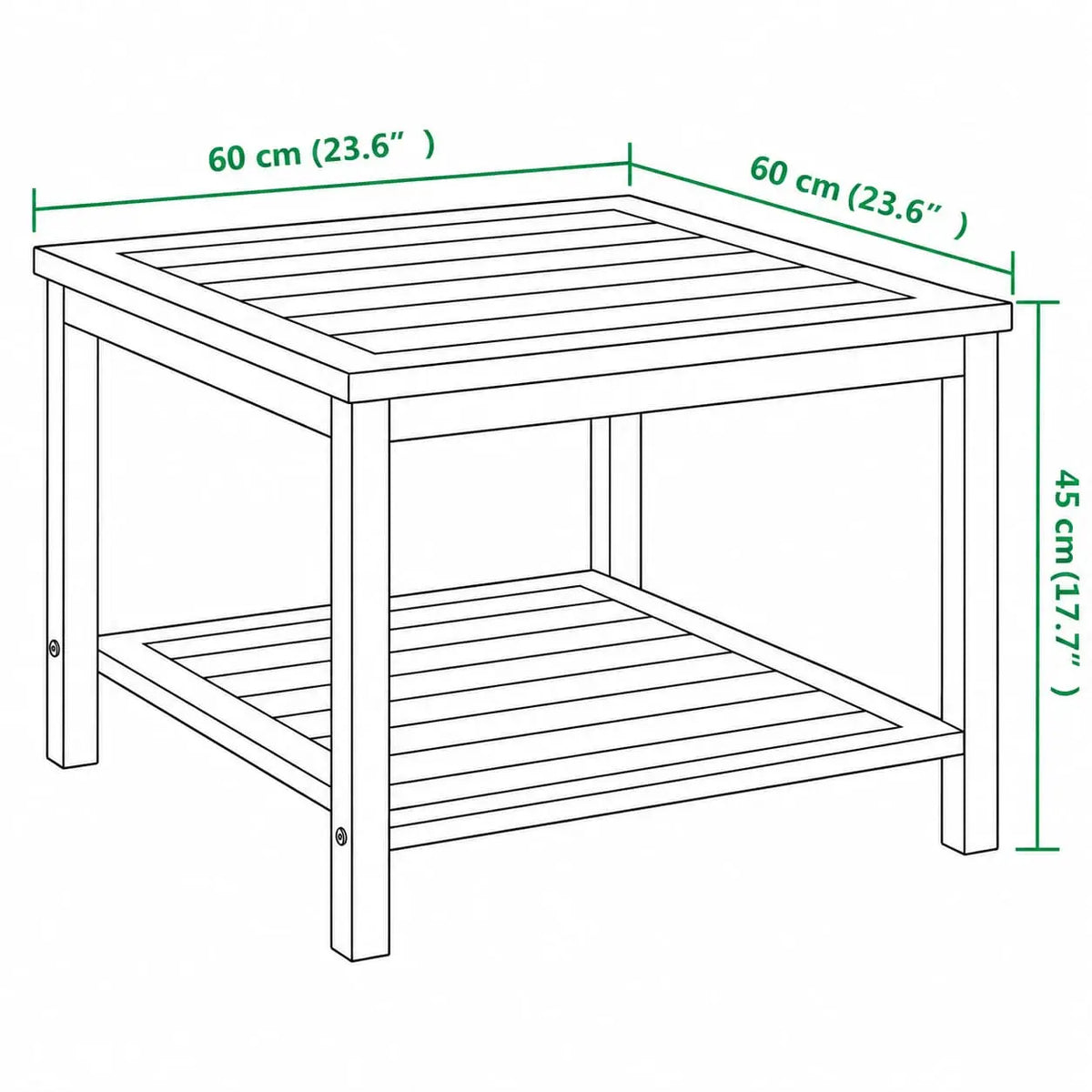 Schéma dimensions table basse carrée Savara en bois 60x60 pour intérieur et extérieur