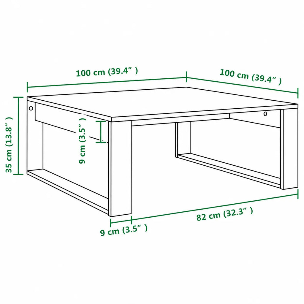 Schéma technique d’une table basse carrée 100x100 cm, hauteur 35 cm, design minimaliste en bois moderne