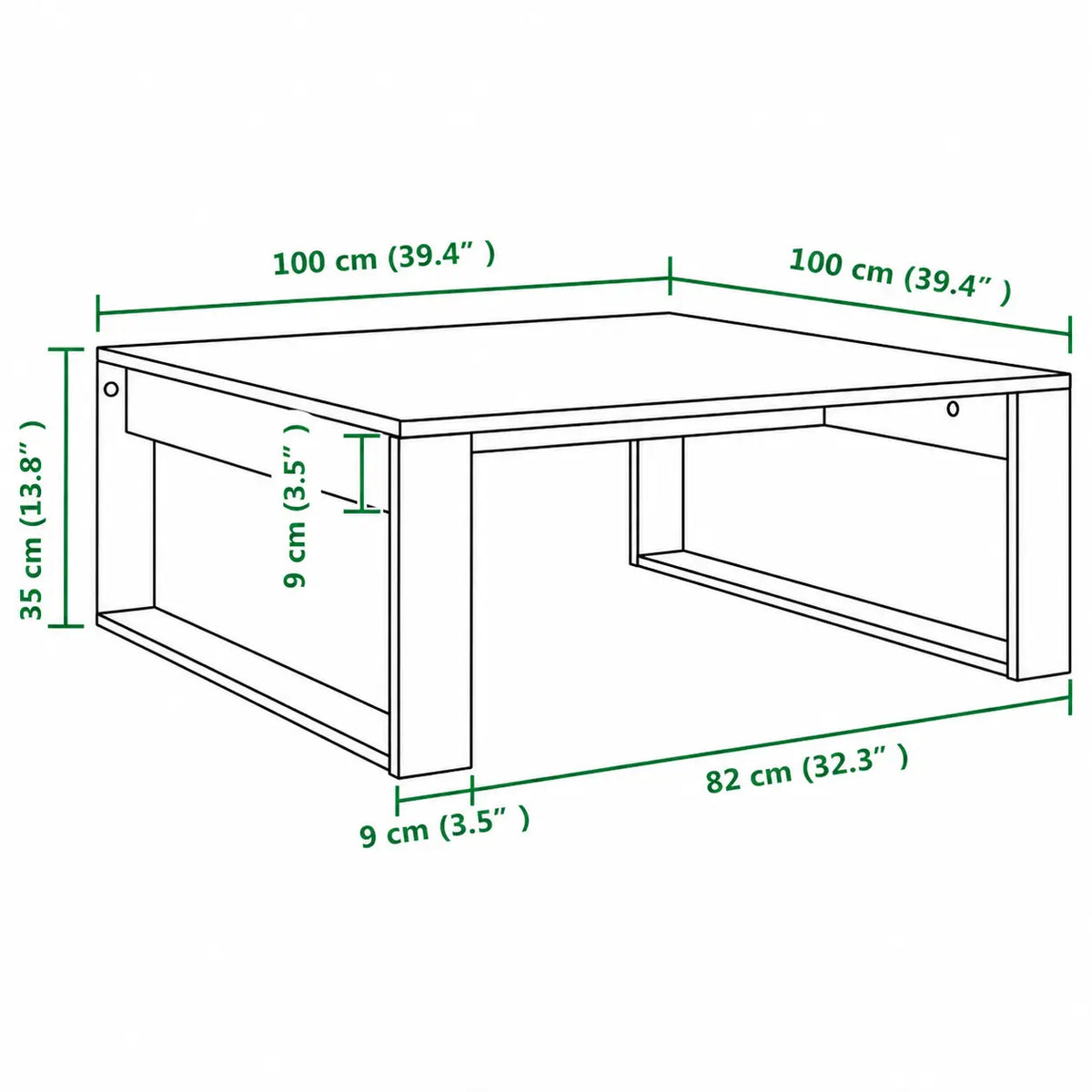 Schéma technique d’une table basse carrée 100x100 cm, hauteur 35 cm, design minimaliste en bois moderne