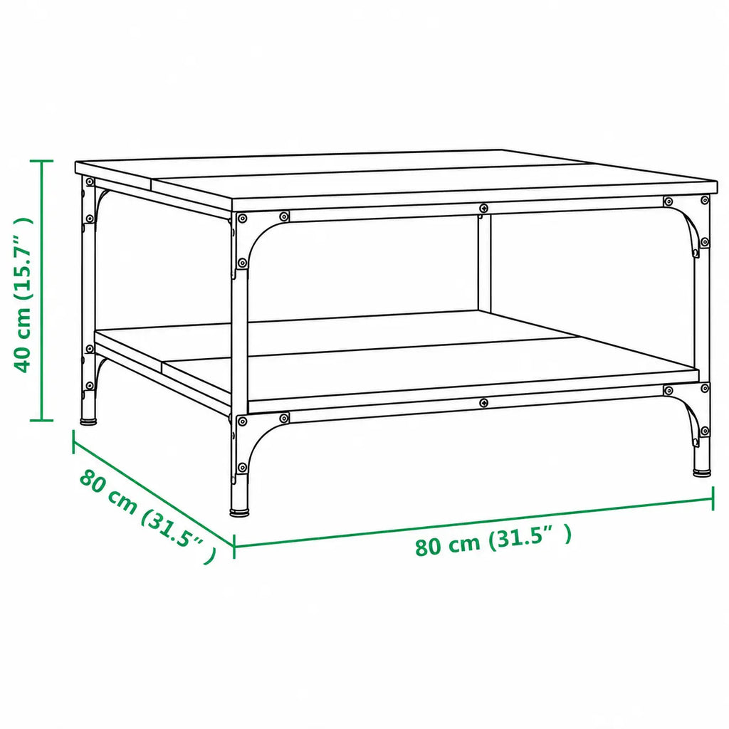 Schéma des dimensions d’une table basse carrée noire de 80 x 80 x 40 cm avec étagère inférieure de rangement