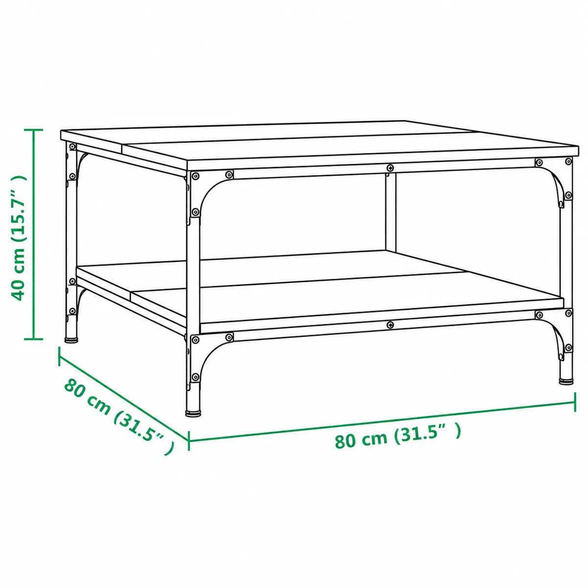 Schéma des dimensions d’une table basse carrée noire de 80 x 80 x 40 cm avec étagère inférieure de rangement