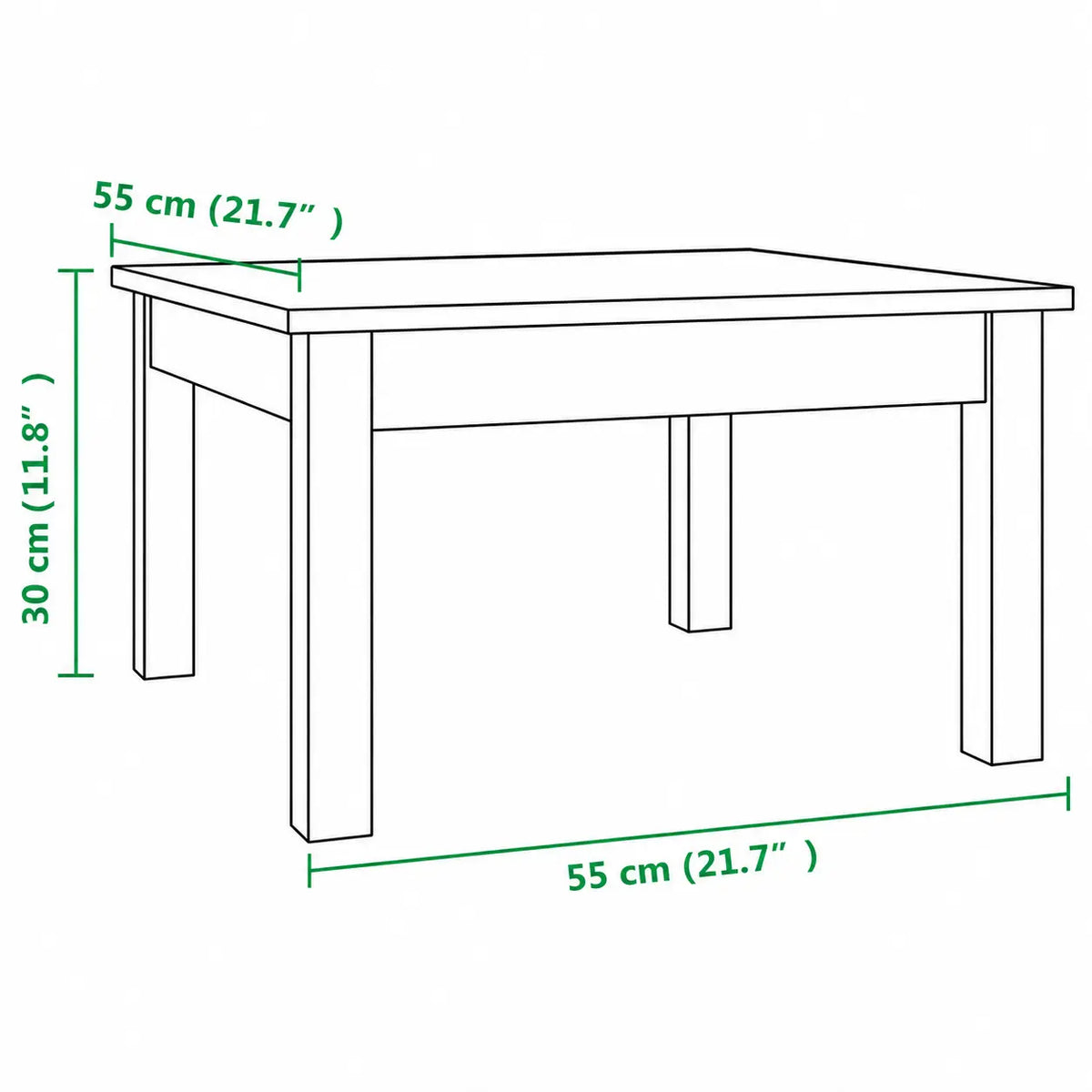 Schéma dimensions table basse carrée noire 55 cm avec structure en bois au design minimaliste