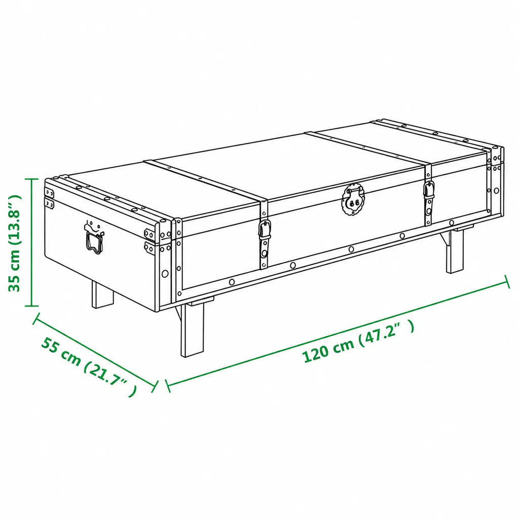 Schéma dimensions table basse coffre vintage en bois avec structure industrielle de 120 x 55 cm