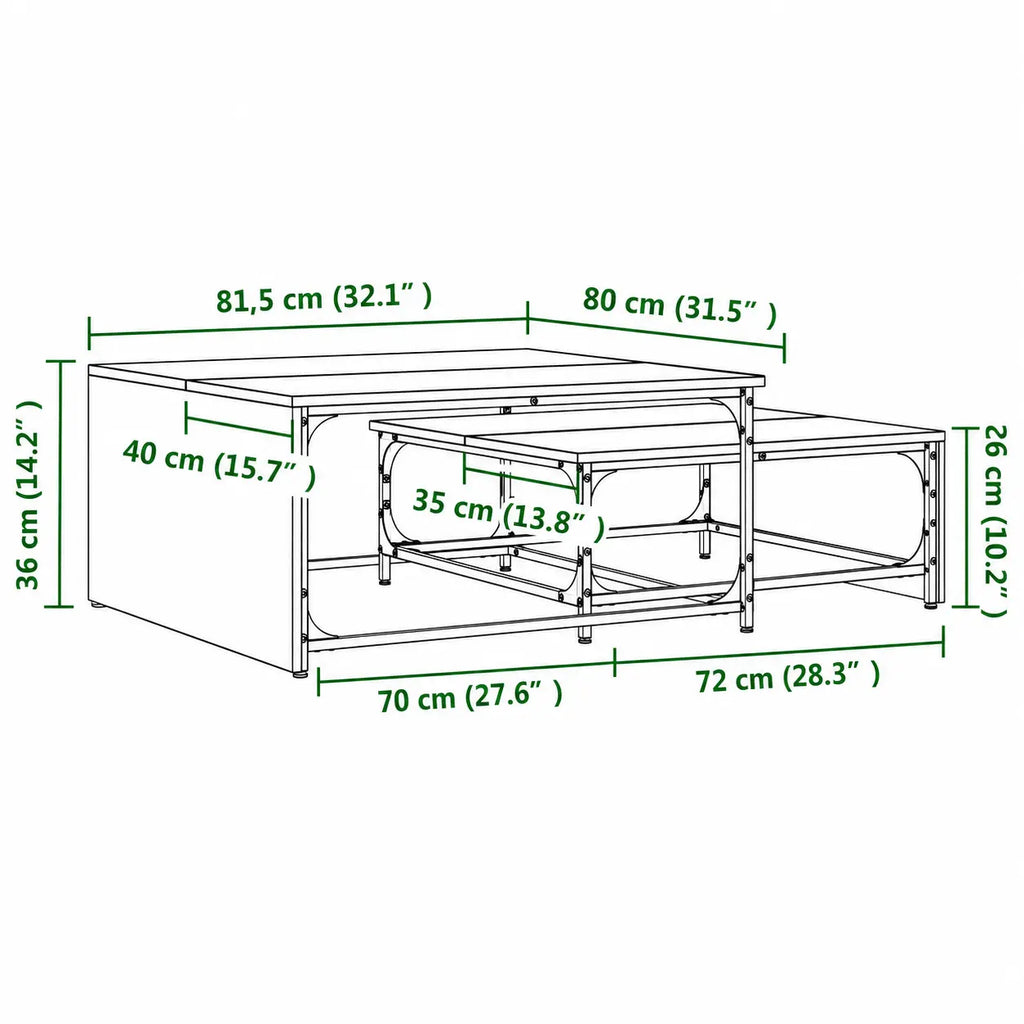 Dimensions des tables basses gigognes Duolia avec structure rectangulaire noire et design modulable moderne