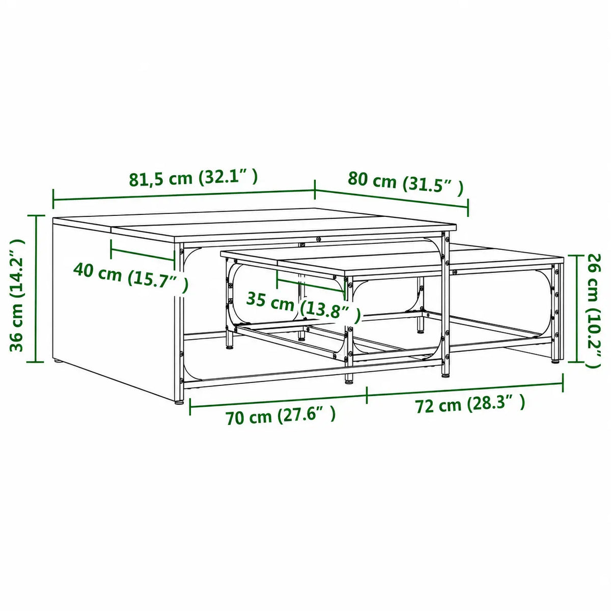 Dimensions des tables basses gigognes Duolia avec structure rectangulaire noire et design modulable moderne