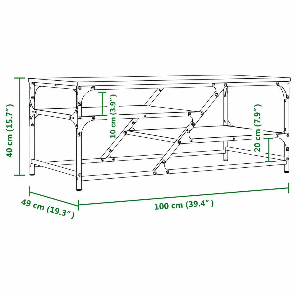 Schéma dimensions table basse industrielle noire avec étagères ouvertes 100 x 49 cm