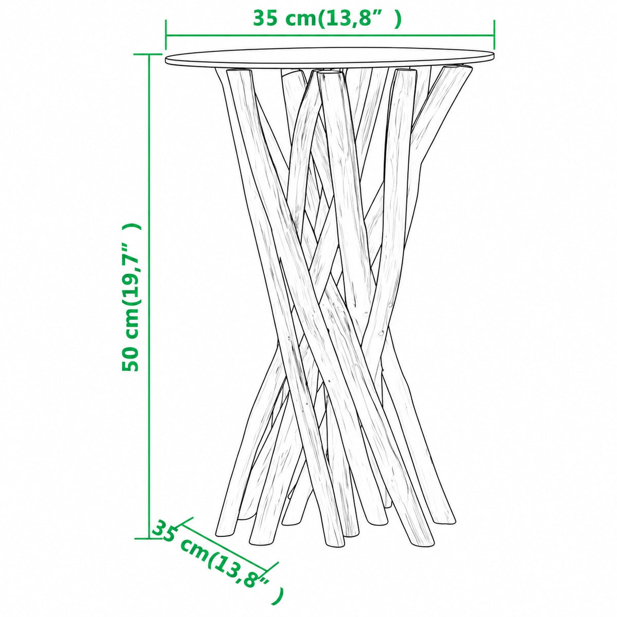 Schéma des dimensions d’une table d’appoint avec plateau en verre de 35 cm et base en bois naturel, hauteur 50 cm