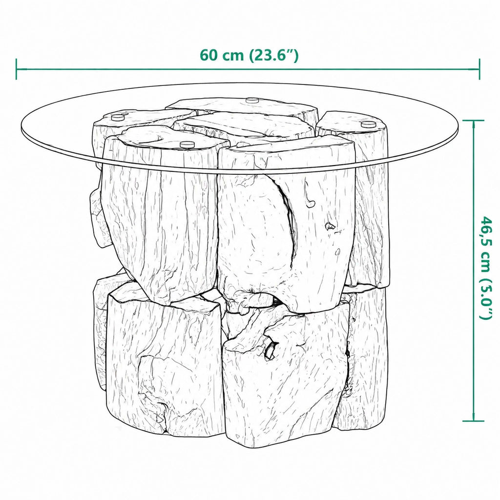 Schéma dimensions table basse ronde en verre avec base en bois massif naturel diamètre 60 cm