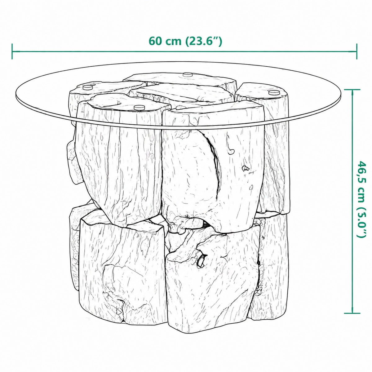 Schéma dimensions table basse ronde en verre avec base en bois massif naturel diamètre 60 cm