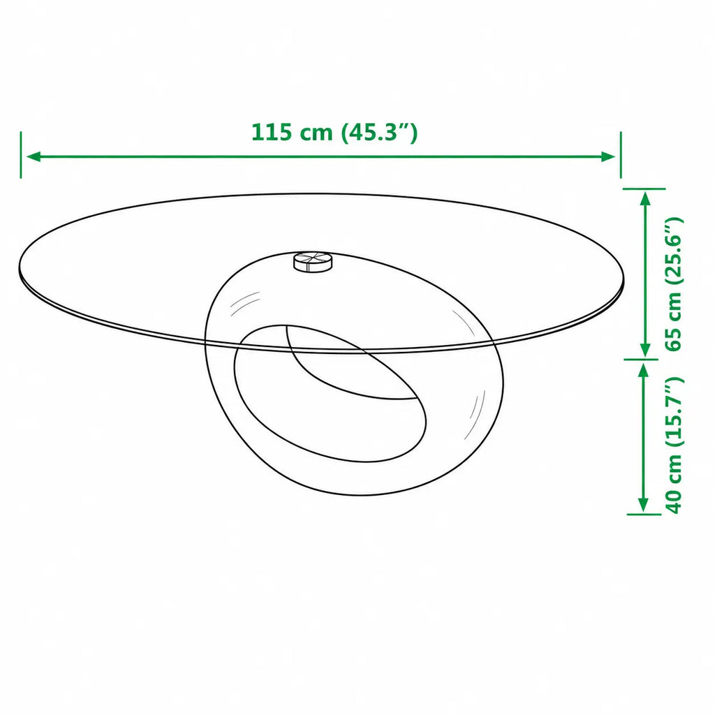 Schéma des dimensions d’une table basse design avec plateau en verre de 115 cm et hauteur totale de 40 cm