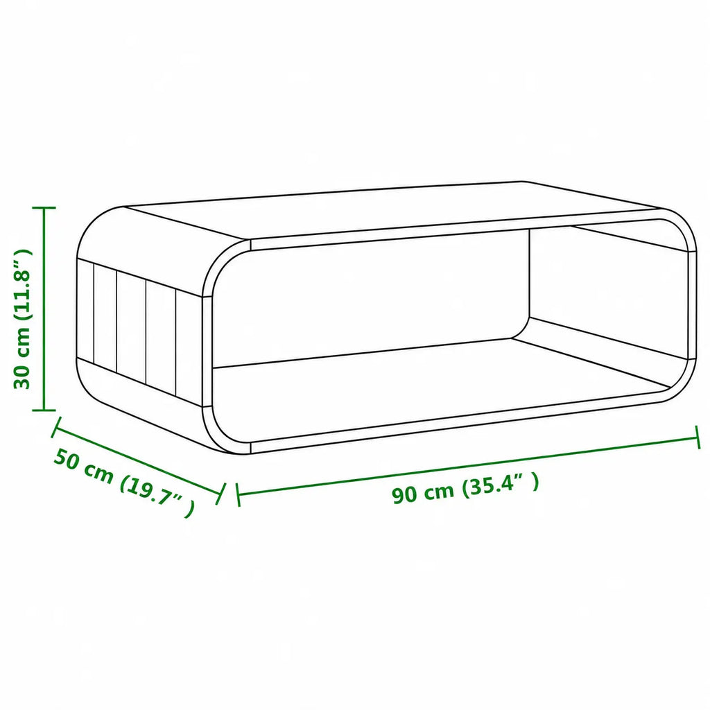 Schéma dimensions table basse bois arrondie 90x50 cm avec niche ouverte et design moderne minimaliste