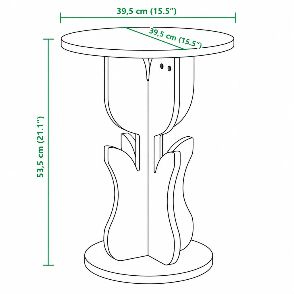 Schéma dimensions table d’appoint ronde en bois naturel, diamètre 39,5 cm et hauteur 53,5 cm, design sculptural