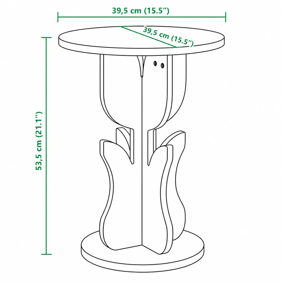 Schéma dimensions table d’appoint ronde en bois naturel, diamètre 39,5 cm et hauteur 53,5 cm, design sculptural