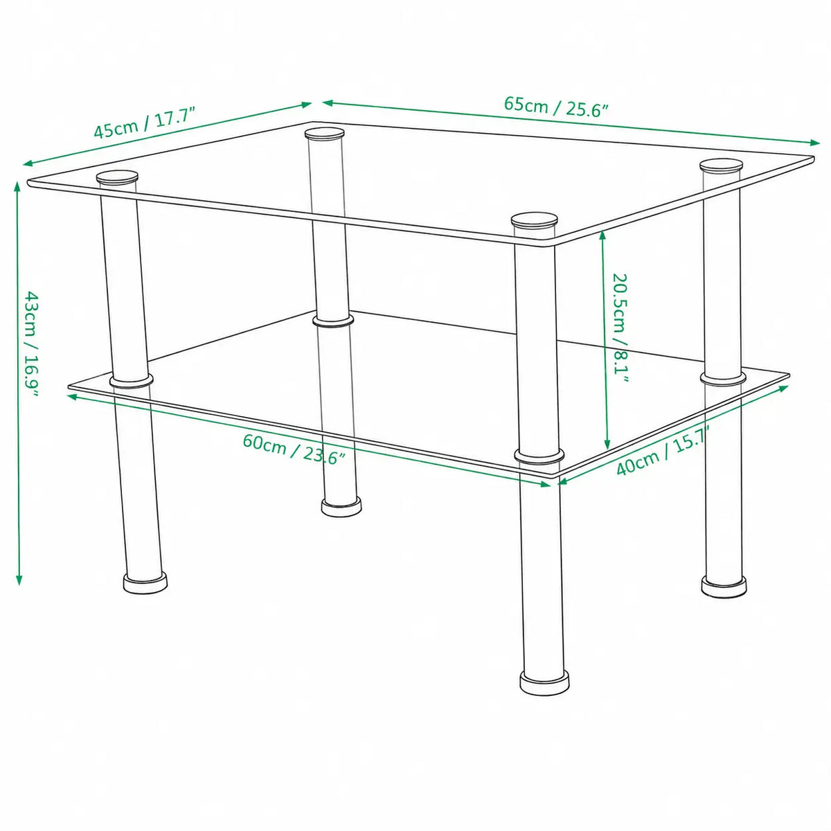Schéma dimensions table basse Vetra en verre 65x45 cm avec étagère inférieure et pieds chromés