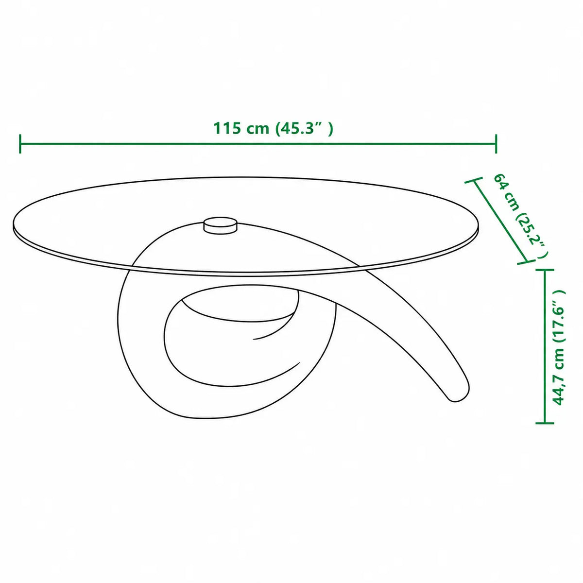 Schéma dimensions table basse design en verre avec base sculpturale blanche, 115 cm x 64 cm x 44,7 cm