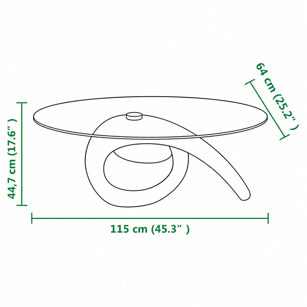 Schéma dimensions table basse design en verre 115x64 cm avec base sculpturale noire moderne