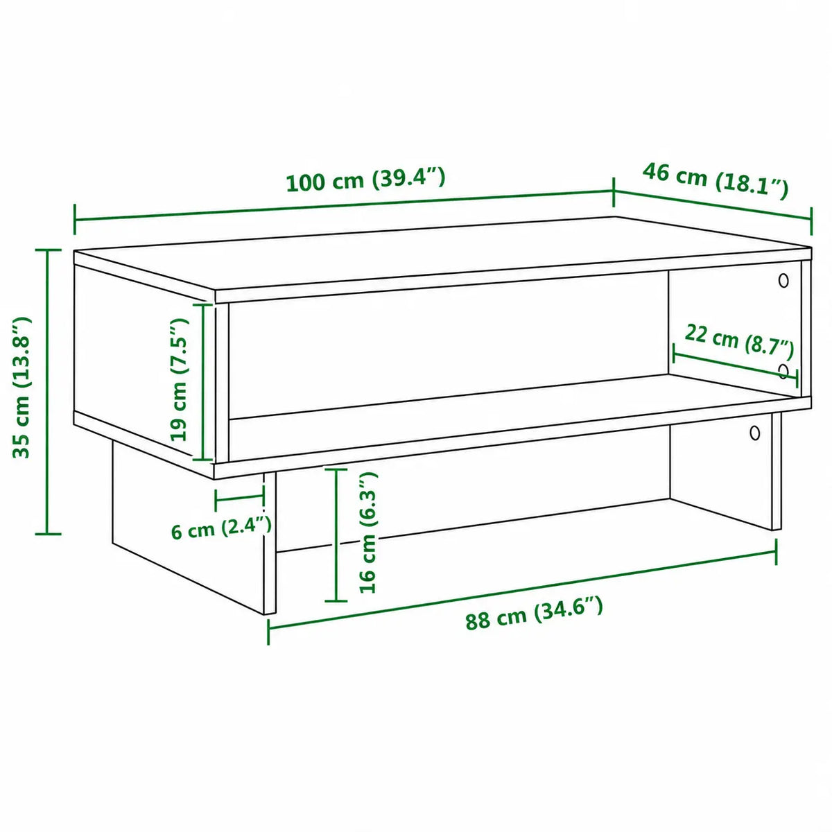 Table basse blanche 100 cm avec étagère ouverte, design moderne avec rangement intégré pour salon compact
