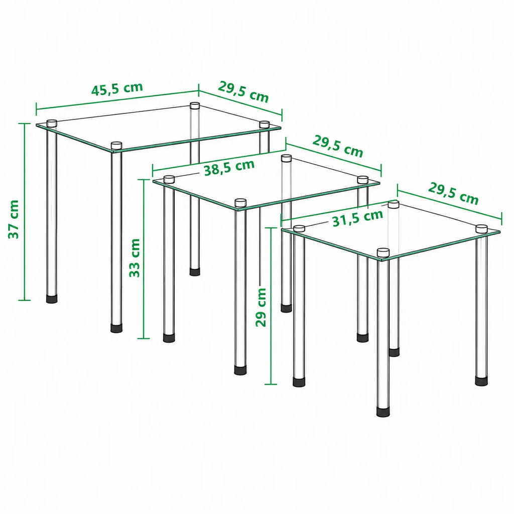Dimensions tables gigognes en verre transparent avec pieds chromés, design compact pour salon moderne