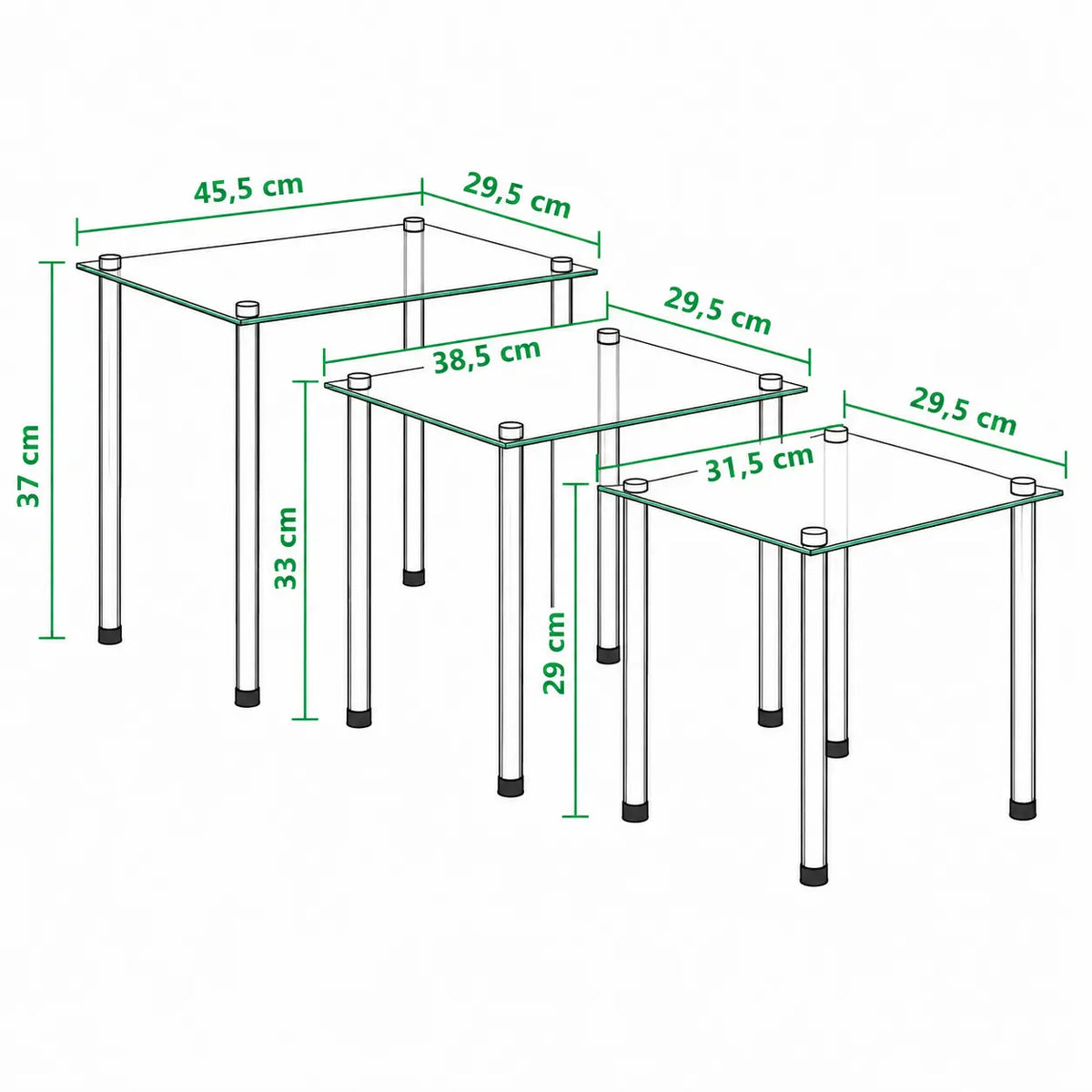 Dimensions tables gigognes en verre transparent avec pieds chromés, design compact pour salon moderne