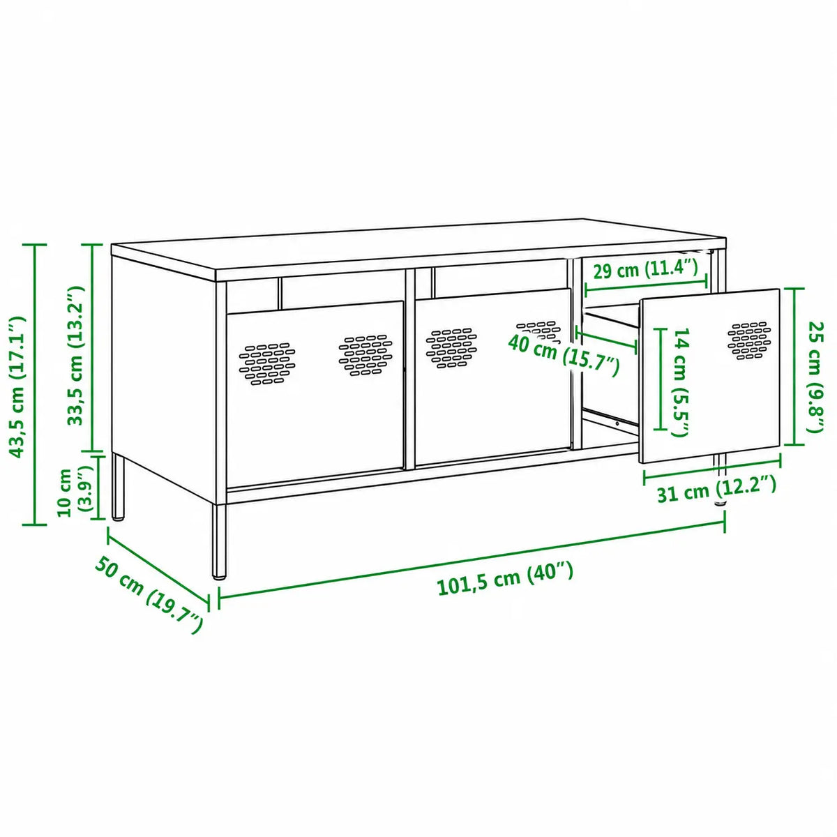 Schéma des dimensions d’une table basse noire industrielle de 101,5 x 50 x 43,5 cm avec trois compartiments de rangement