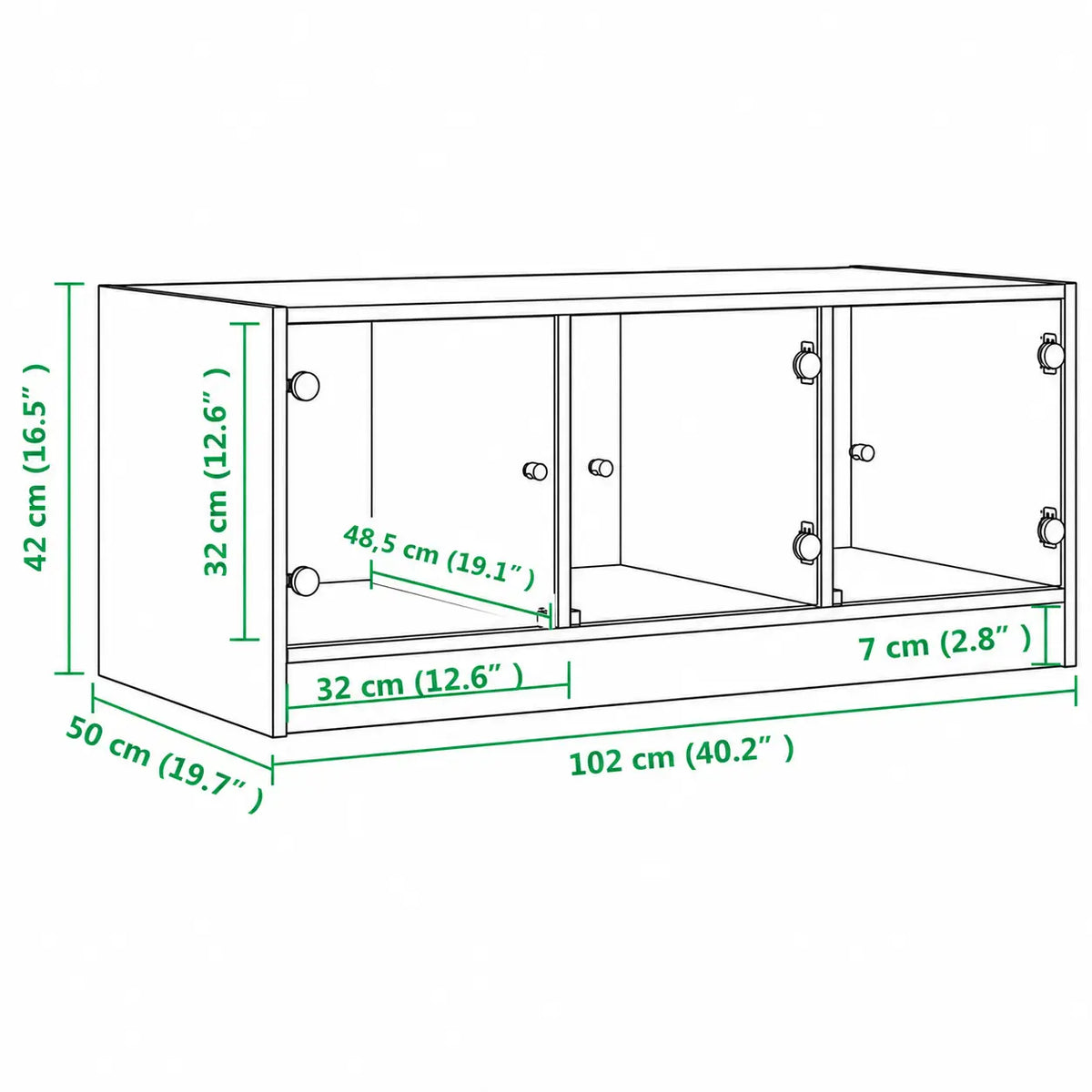 Schéma des dimensions d’une table basse rectangulaire en bois clair de 102 x 50 x 42 cm avec rangements intégrés