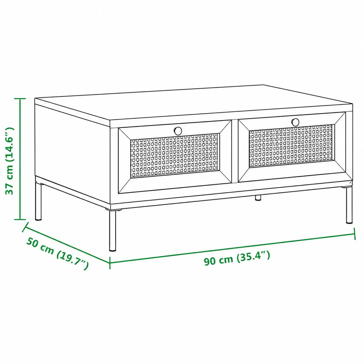 Schéma dimensions table basse en bois avec 2 tiroirs en cannage, 90 x 50 x 37 cm, structure sur pieds métal noir