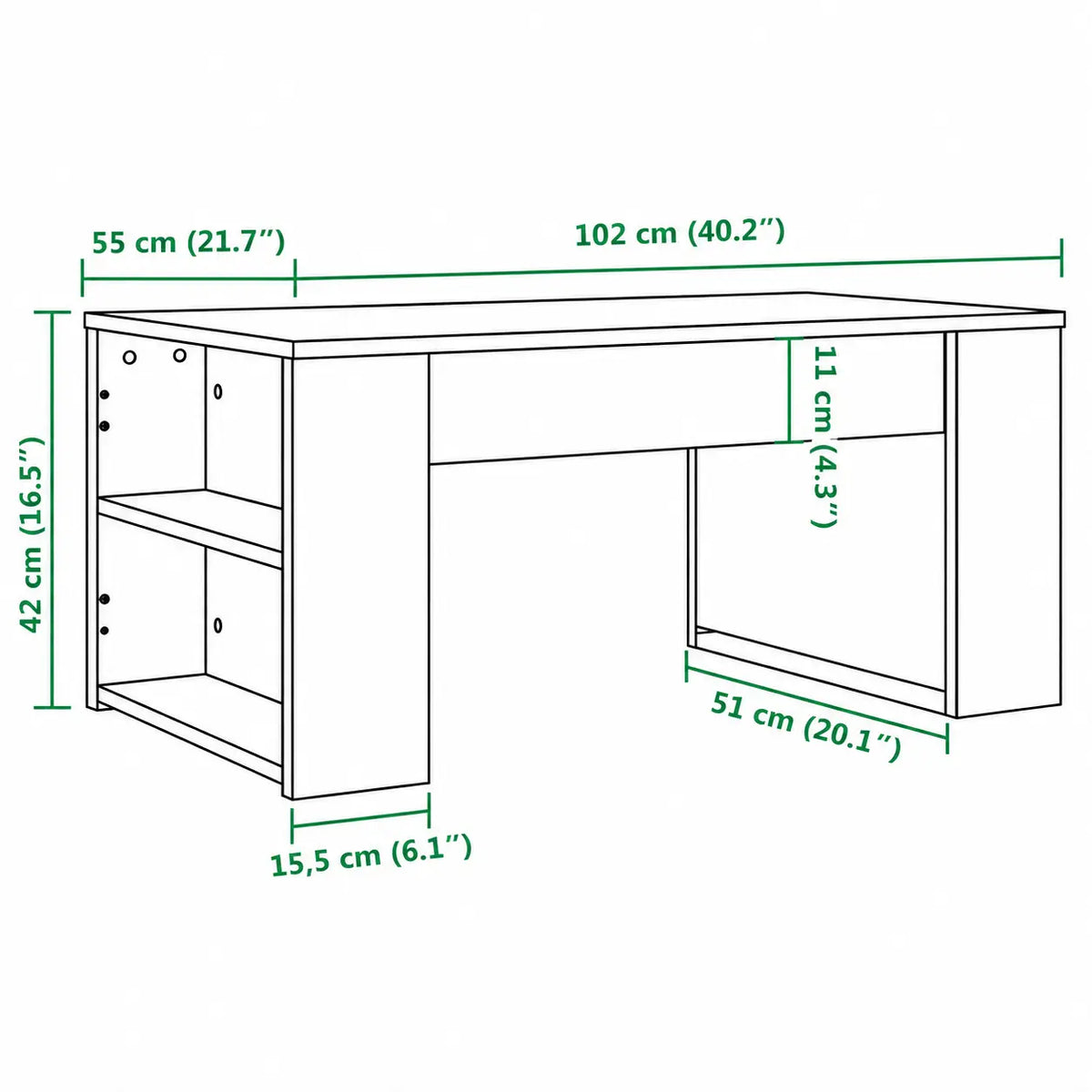 Schéma dimensions bureau en bois effet chêne avec étagères latérales, 102 x 55 x 42 cm, design compact et fonctionnel