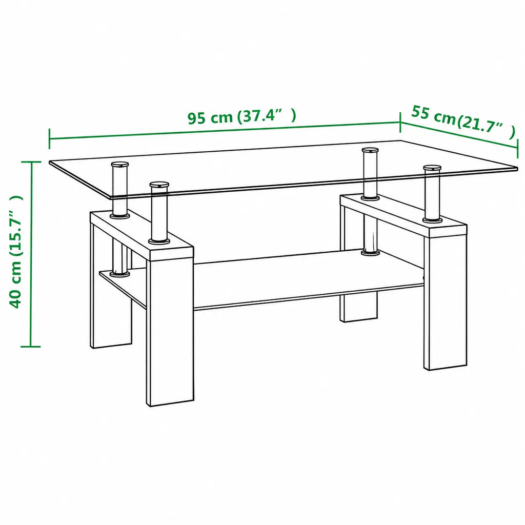 Schéma des dimensions d’une table basse en verre de 95 x 55 x 40 cm avec structure noire et étagère inférieure