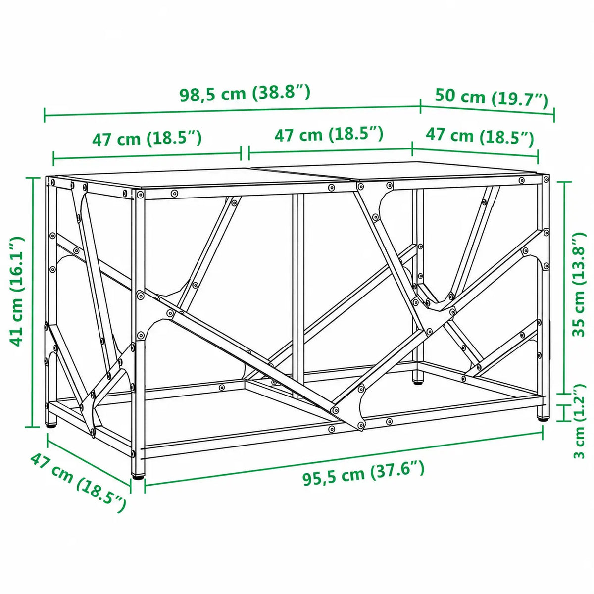 Dimensions table basse industrielle avec structure géométrique noire et plateau en verre 98,5 x 50 cm