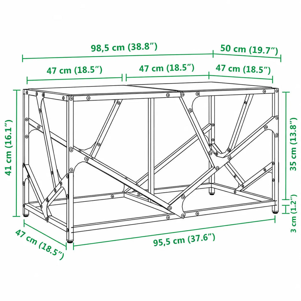 Dimensions table basse industrielle avec structure géométrique noire et plateau en verre 98,5 x 50 cm