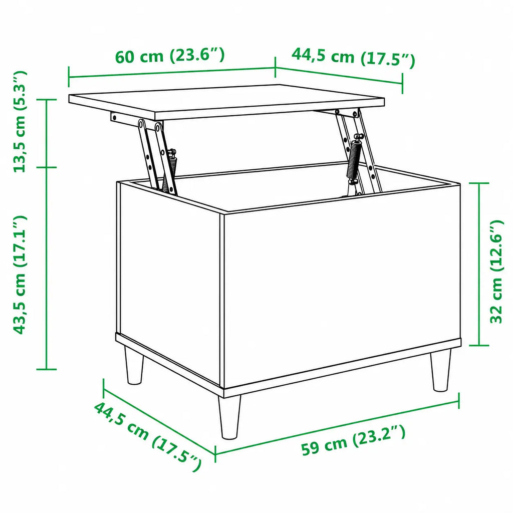Schéma dimensions table basse relevable noire avec rangement intégré, format compact 60 x 44,5 cm