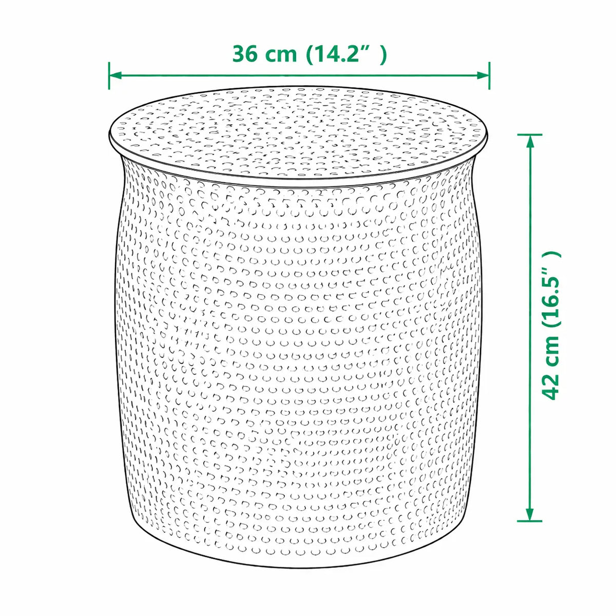 Dimensions table d’appoint cuivrée martelée 36 x 42 cm, design compact avec finition métallique texturée