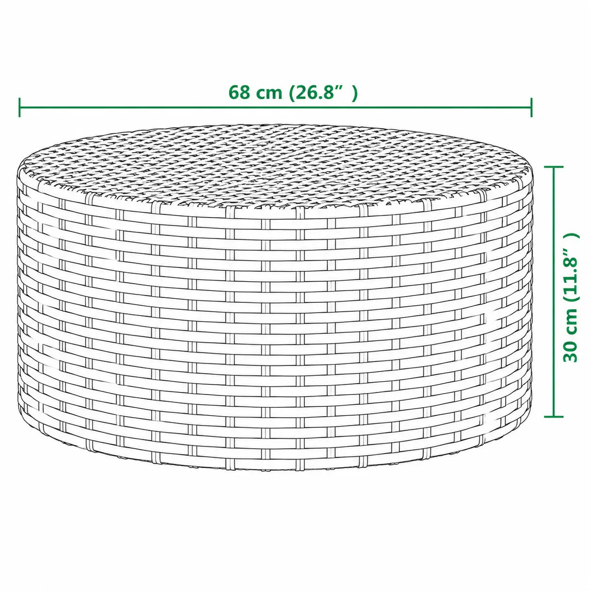 Schéma dimensions table basse ronde en résine tressée noire de 68 cm pour extérieur moderne