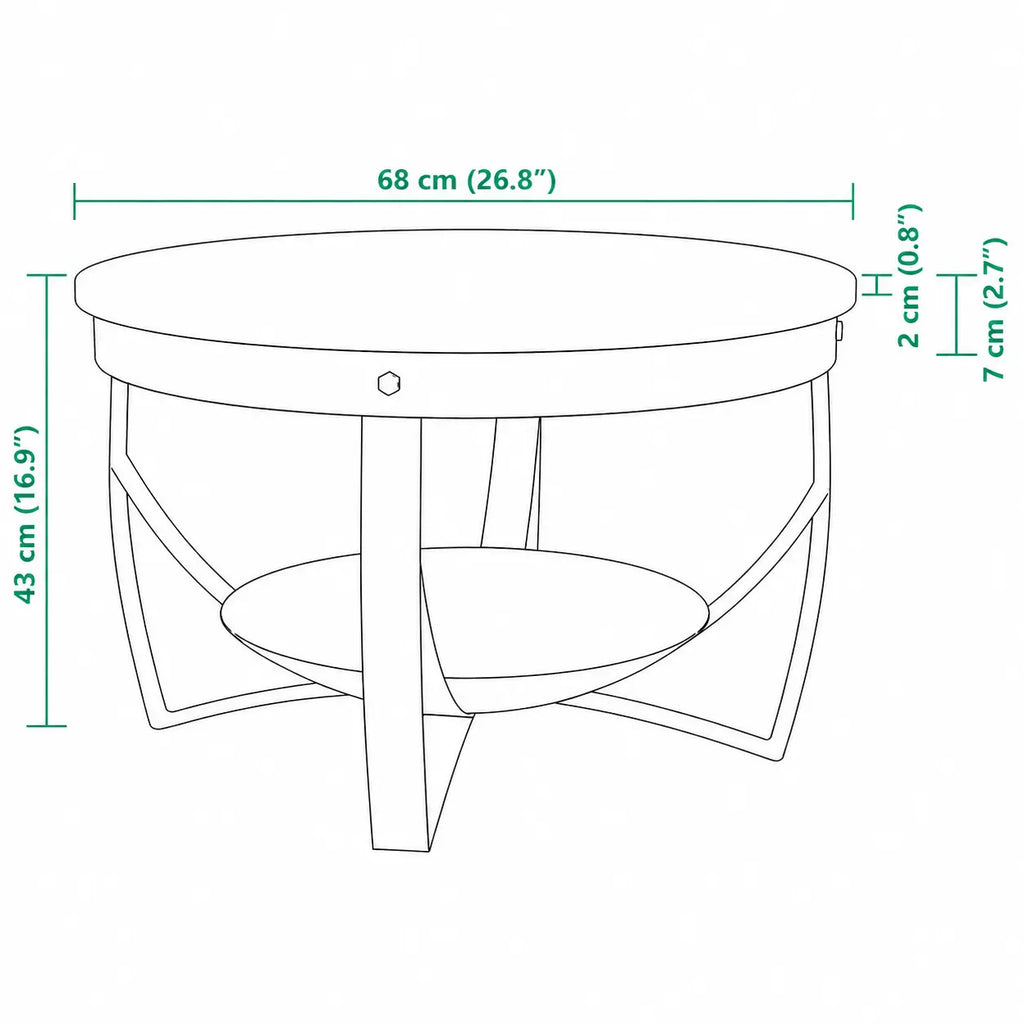Schéma dimensions table basse ronde industrielle en bois recyclé et métal noir, diamètre 68 cm, hauteur 43 cm