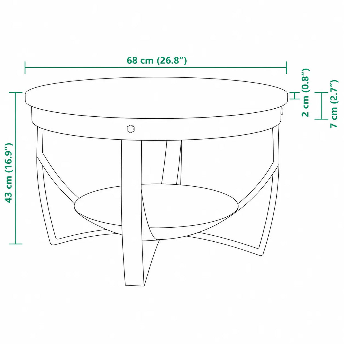 Schéma dimensions table basse ronde industrielle en bois recyclé et métal noir, diamètre 68 cm, hauteur 43 cm