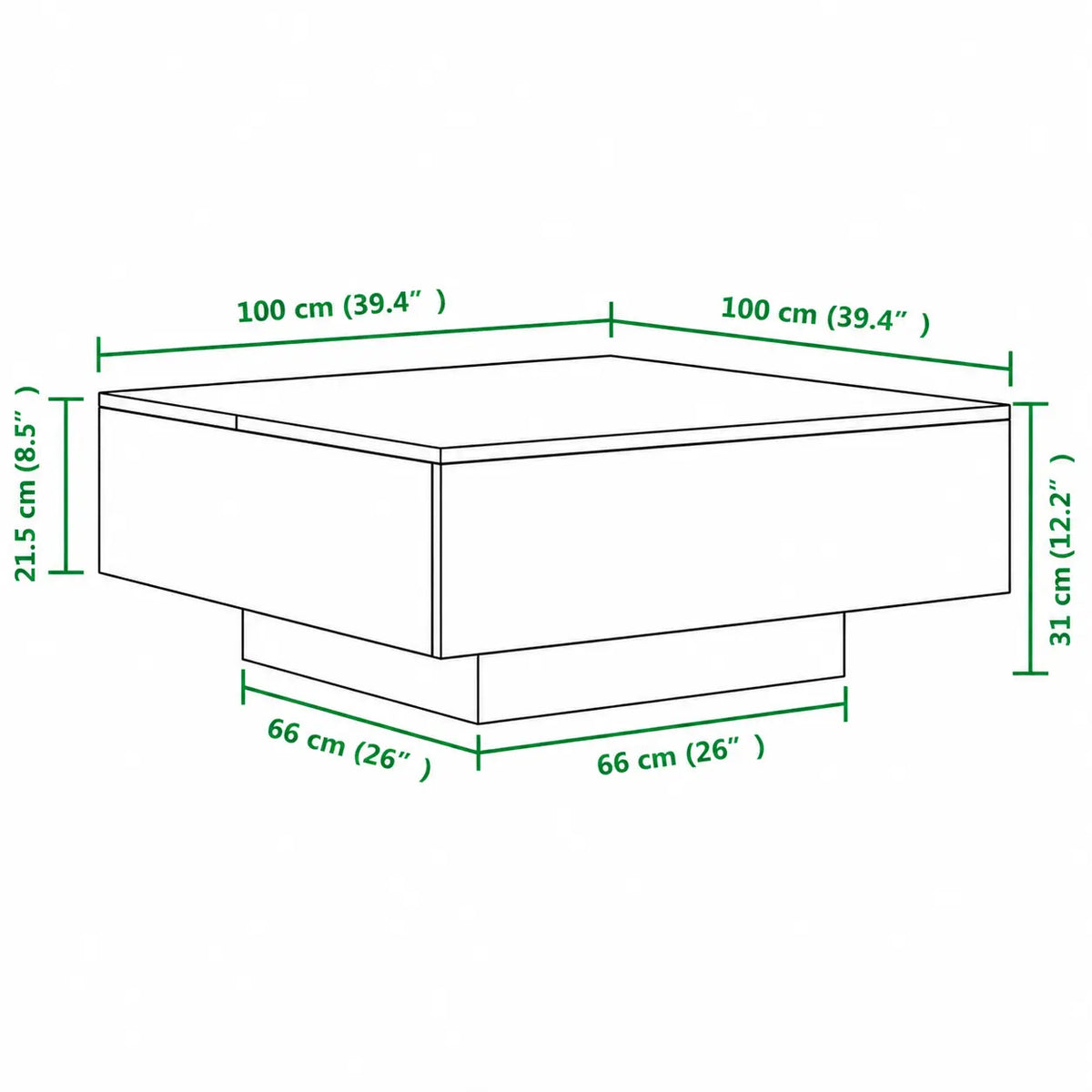 Schéma dimensions table basse carrée 100 cm en bois clair avec base centrale et design moderne