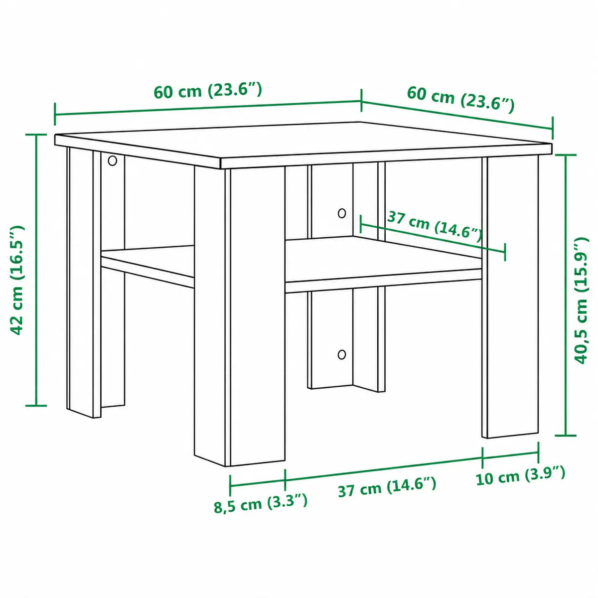 Schéma dimensions table basse 60x60 cm, hauteur 42 cm, avec étagère de rangement ouverte et design compact