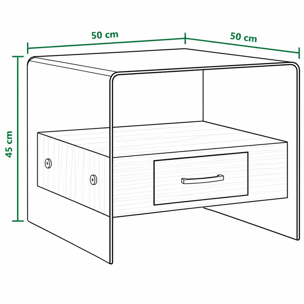 Schéma dimensions table de chevet 50x50 cm, hauteur 45 cm, avec structure en verre trempé et tiroir effet bois