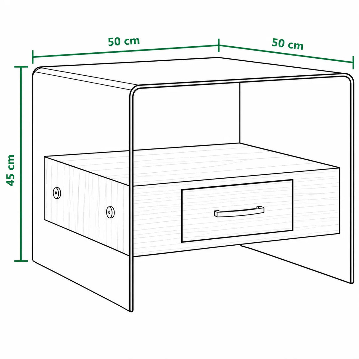 Schéma dimensions table de chevet 50x50 cm, hauteur 45 cm, avec structure en verre trempé et tiroir effet bois