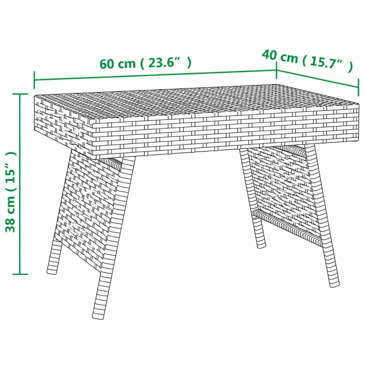 Schéma dimensions table basse extérieure en résine tressée noire de 60 x 40 cm pour terrasse